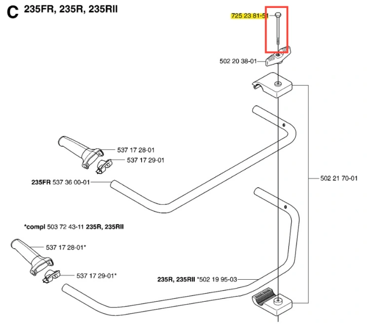 Śruba wykaszarki 235 RII Husqvarna, metalowa, z widocznym gwintem. Ujęcie z przodu, detale ukazują kształt i wymiar. Tło proste, białe, co ułatwia identyfikację. Element niezbędny w sprzęcie przycinającym.
