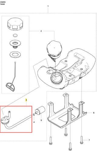 Przewód paliwowy wykaszarki 236 RS Husqvarna, wykonany z trwałego materiału, w biało-czarnym kolorze, o prostokątnym kształcie. Widoczny detal w postaci metalowego uchwytu oraz otworu montażowego, w ułożeniu poziomym, na jasnym tle.