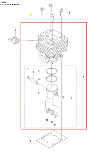 Metalowy cylinder do wykaszarki Husqvarna 236 RS z widocznymi gniazdami, tłokiem i uszczelkami, pokazany na białym tle z góry, ukazujący detale konstrukcyjne i elementy mocujące.