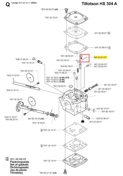 Przetyczka wykaszarki 265 RX Husqvarna, stalowa, prostokątna, z wyraźnym oznaczeniem numeru katalogowego 501 22 21-01. Element leżący na białym tle, w detalach widoczne mocowania i struktura materiału. Przydatna do montażu w silniku wykaszarki.
