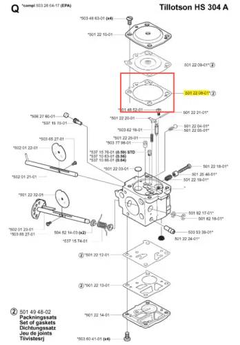 Uszczelka do wykaszarki Husqvarna 265 RX, owalna, czarna, gumowa, z oznaczeniami części. Leży płasko na białym tle w towarzystwie elementów montażowych. Idealna do naprawy wykaszarki.