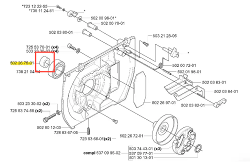 Metalowy, srebrny pierścień odległościowy do wykaszarki Husqvarna 265 RX, okrągły, z oznaczeniem numeru części, widoczny przy montażu w urządzeniu.