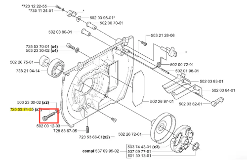 Śruba wykaszarki 265 RX Husqvarna, metalowa, mocna konstrukcja w kolorze szarym, z gwintem na całej długości. Widok z przodu, umieszczona na schemacie. Wokół widoczne inne elementy osprzętu, brak tła, prosta aranżacja.