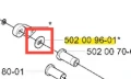 Podkładka wykaszarki 265 RX Husqvarna w kształcie okrągłym, wykonana z metalu. Widoczna z boku z wyraźnym oznaczeniem numeru części 502 00 96-01. Tło prostolinijne, ułatwiające skupienie na produkcie.