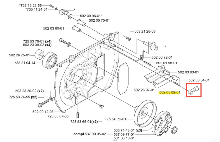 Dźwignia przepustnicy wykaszarki 265 RX Husqvarna w kolorze czarnym, o ergonomicznym kształcie, wykonana z tworzywa sztucznego. Zdjęcie przedstawia ją z boku, w zbliżeniu na detale oraz widoczne mocowanie. Tło jednolite, jasne.