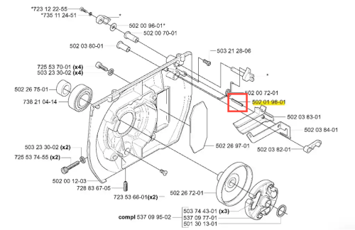 Kołek sprężyny do wykaszarki Husqvarna 265 RX, metalowy element o prostokątnym kształcie. Ujęcie z boku, prezentuje detale konstrukcyjne. W tle prosta szara powierzchnia, co ułatwia identyfikację produktu. Wymiary nieokreślone.