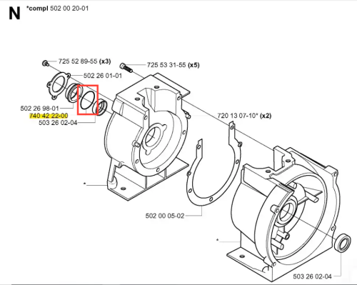 O-ring do wykaszarki 265 RX Husqvarna, mały, okrągły element w kolorze czarnym. Widoczny w przekroju, leżący na diagramie obok obudowy urządzenia. Dobrze zdefiniowany kształt. Produkt przeznaczony do uszczelniania.