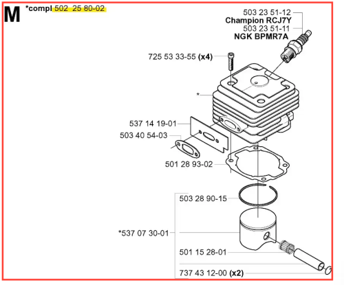 Zespół cylindra wykaszarki Husqvarna 265 RX: metalowy cylinder z 6 żeberkami, pokryty powłoką ochronną. Widać cylinder, tłok, uszczelkę i świecę zapłonową. Widok z boku na białym tle, nowy stan.