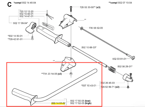 Uchwyt wykaszarki Husqvarna 265 RX, czarny, z ergonomiczną rączką, zamontowany na maszcie. Widoczne oznaczenia i numery części na jasnym tle podkreślającym szczegóły.
