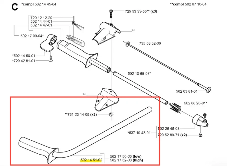 Uchwyt wykaszarki Husqvarna 265 RX, czarny, z ergonomiczną rączką, zamontowany na maszcie. Widoczne oznaczenia i numery części na jasnym tle podkreślającym szczegóły.
