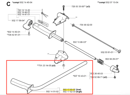 Lewy metalowy uchwyt do wykaszarki Husqvarna 265 RX, prosty, matowy, z ergonomiczną rączką i zgięciem przy uchwycie. Numer katalogowy 502 14 51-02, na neutralnym tle, widok z boku w poziomie.