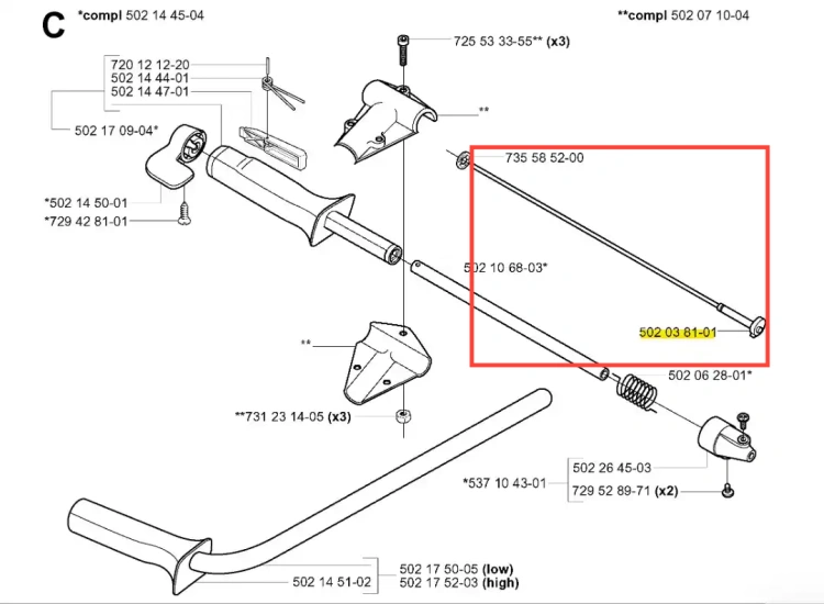 Przewód do wykaszarki Husqvarna 265 RX, prosty, metalowy, ok. 50 cm, z czytelnymi oznaczeniami na końcówkach. Leży poziomo na białym tle, widoczne mocowania i numery katalogowe.