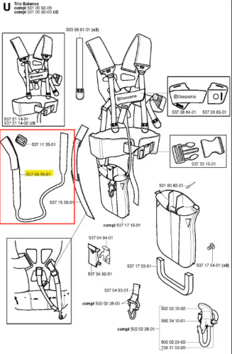 Łącznik wykaszarki Husqvarna 265 RX, ciemnoszary, prostokątny, zbliżenie na mocowanie, oznaczenie 537 04 96-01, nowy, do wykaszarek.