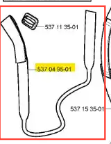 Łącznik wykaszarki 265 RX Husqvarna, widoczny z boku, z giętym końcem oraz prostym uchwytem. Uchwyt ma prostą fakturę, a numer katalogowy na żółtym tle: 537.04.95-01. Produkt wykonany z wytrzymałego materiału, standardowy rozmiar.