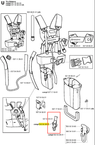 Hak ściągający do wykaszarki Husqvarna 265 RX, zaprezentowany z boku. Element metalowy w kolorze czarnym, z widocznym logo Husqvarna. Kształt ergonomiczny, z mocowaniem umożliwiającym stabilne przytwierdzenie do narzędzia.