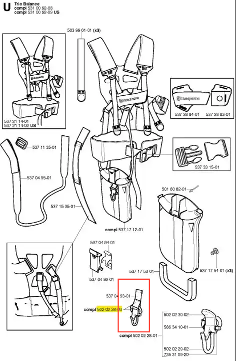 Hak ściągający do wykaszarki Husqvarna 265 RX, zaprezentowany z boku. Element metalowy w kolorze czarnym, z widocznym logo Husqvarna. Kształt ergonomiczny, z mocowaniem umożliwiającym stabilne przytwierdzenie do narzędzia.