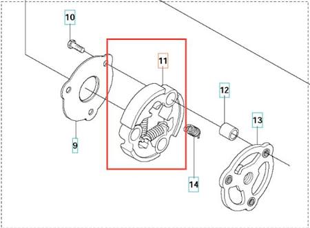 Klocek cierny wykaszarki 443RB Husqvarna, widoczny z boku w zbliżeniu. Ceramika w kolorze czarnym, z wyraźnym logo i detalami mocowania. Elementy konstrukcyjne ukazane na schemacie, w otoczeniu pozostałych części maszyny.