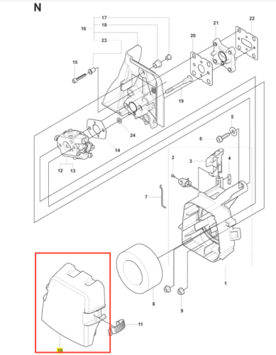 Pokrywa filtra do wykaszarki 241 RJ Husqvarna w kolorze szarym. Produkt o kanciastym kształcie, z widocznymi otworami montażowymi. Ujęcie z przodu, na białym tle. Brak dodatkowych dekoracji. Element kluczowy do prawidłowego działania urządzenia.