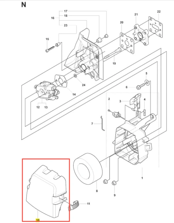 Pokrywa filtra do wykaszarki 241 RJ Husqvarna w kolorze szarym. Produkt o kanciastym kształcie, z widocznymi otworami montażowymi. Ujęcie z przodu, na białym tle. Brak dodatkowych dekoracji. Element kluczowy do prawidłowego działania urządzenia.