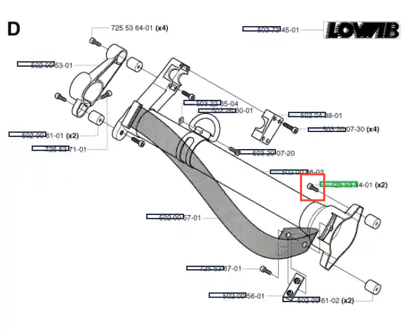 Śruba wykaszarki 265 RX Husqvarna, metalowa, o ciemnoszarej barwie i prostym kształcie. Widoczna z boku w złożonym schemacie. Element mocujący z detalami gwintów. Brak logo, zdjęcie na neutralnym tle.