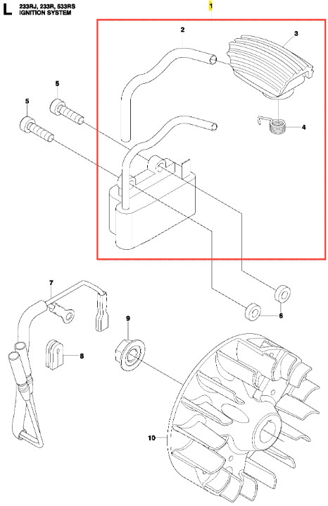 Cewka wykaszarki 233 RJ Husqvarna, w kolorze czarnym, z metalowym korektem, prezentowana w układzie z góry. Elementy montażowe i przewody widoczne od dołu. Tło białe, co ułatwia identyfikację detali produktu.