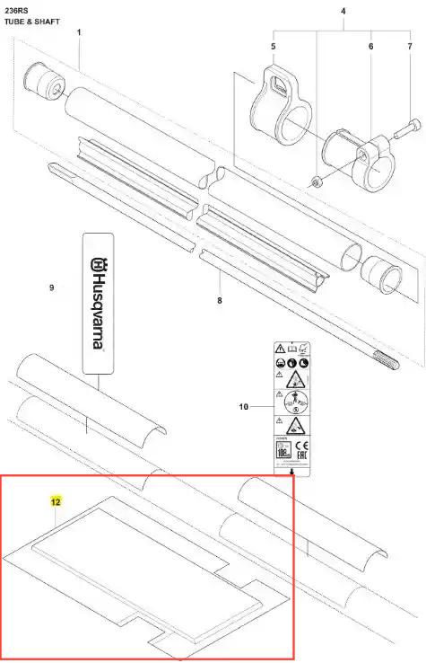 Ochrona wykaszarki 236 RS Husqvarna w formie prostokątnego elementu; kolor szary, wykonana z tworzywa. Widoczny napis Husqvarna. Produkt leży płasko, na jednolitym tle. Element służy do ochrony wykaszarki podczas użytkowania.
