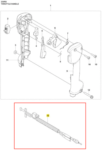 Linka gazu do wykaszarki Husqvarna 236 RS w zbliżeniu, ukazuje metalową sprężynę i mechanizm kontrolny na białym tle, z wyraźnymi detalami mocowania.