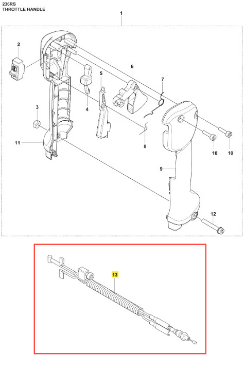Linka gazu do wykaszarki Husqvarna 236 RS w zbliżeniu, ukazuje metalową sprężynę i mechanizm kontrolny na białym tle, z wyraźnymi detalami mocowania.