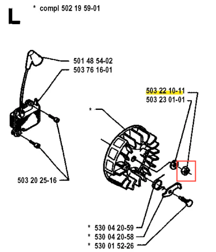 Nakrętka wykaszarki 250 R Husqvarna w kolorze czarnym, okrągła i teksturowana, z widocznymi oznaczeniami technicznymi. Ujęcie pokazuje element z boku, uwydatniając detale mocowania. Produkt przeznaczony do użytku w narzędziach ogrodowych.