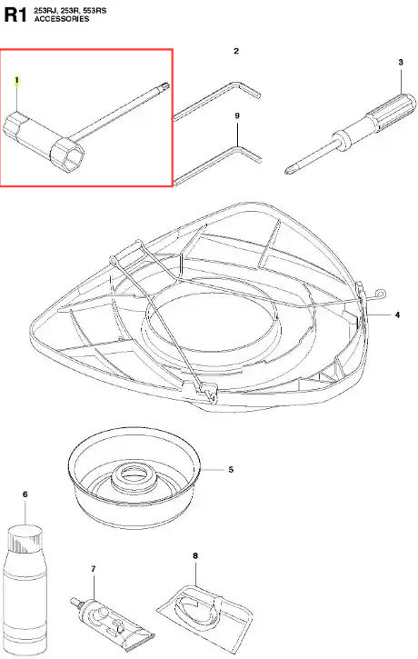 Klucz wykaszarki 253RJ Husqvarna, prosty, metalowy, cylinder z wycięciem na końcu. Widok frontalny, leżący na płaskiej powierzchni. Wysoka odporność na uszkodzenia, przeznaczony do narzędzi ogrodowych. Brak dodatkowych akcesoriów w tle.