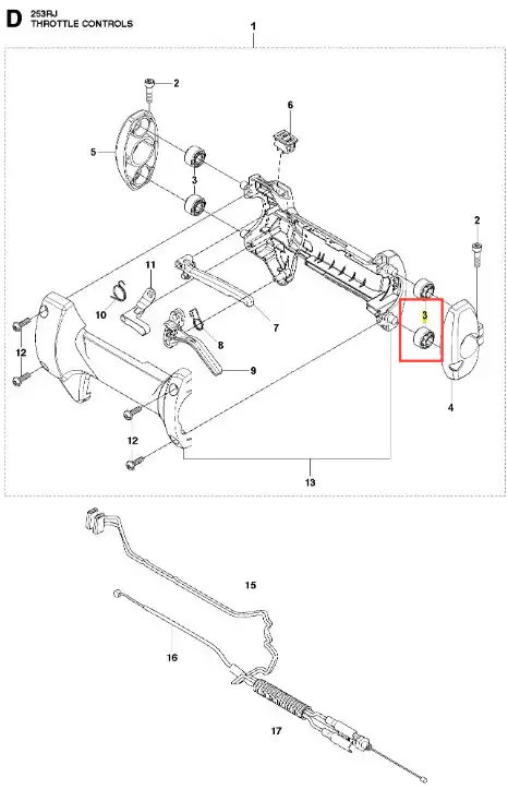 Amortyzator wykaszarki 253RJ Husqvarna, widoczny z boku w zbliżeniu, wykonany z metalu o matowym wykończeniu. Element ma klasyczny okrągły kształt z widocznymi mocowaniami. Na końcu znajduje się wypustka, kluczowa dla funkcji amortyzującej.