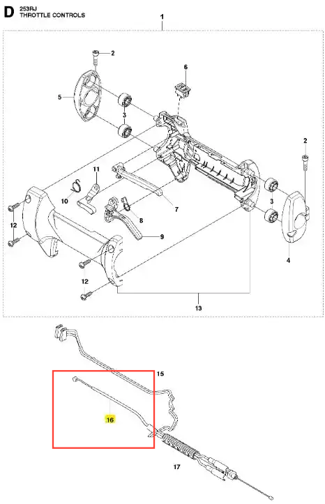 Przewód wykaszarki 253RJ Husqvarna, metalowy, elastyczny z ergonomiczną krzywizną. Widok z boku z numerem części. Wytrzymały, precyzyjnie mocowany, kluczowy w systemie sterowania.