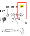 Sworzeń wykaszarki Husqvarna 253RJ, metalowy, okrągły, z widocznymi mocowaniami. Ujęcie z boku, produkt leży na schemacie części. Widoczny numer części 24 w ramce. Część do montażu w sprzęcie ogrodniczym.