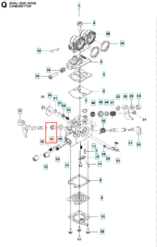 Szary, okrągły element odległościowy wykaszarki Husqvarna 253RJ, nr 42, gładki, montowany w systemie gaźnika, widoczny na schemacie z innymi częściami.