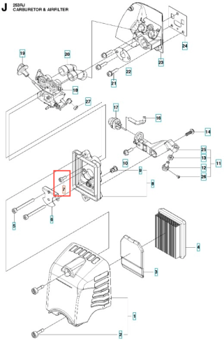 Śruba wykaszarki 253RJ Husqvarna, metalowa, szaro-srebrna, o cylindrycznym kształcie, znajduje się w centralnej części schematu konstrukcyjnego. Ujęcie przedstawia ją z boku, w kontekście montażu elementów silnika. Widoczne mocowanie i gwint.