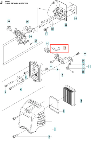 Rura wykaszarki 253RJ Husqvarna w kolorze srebrnym, o prostokątnym kształcie, pokazana w zbliżeniu na detale mocowania. Ujęcie techniczne, z wyraźnie widocznymi oznaczeniami na schemacie. Brak tła, co pozwala skupić się na elemencie produktu.