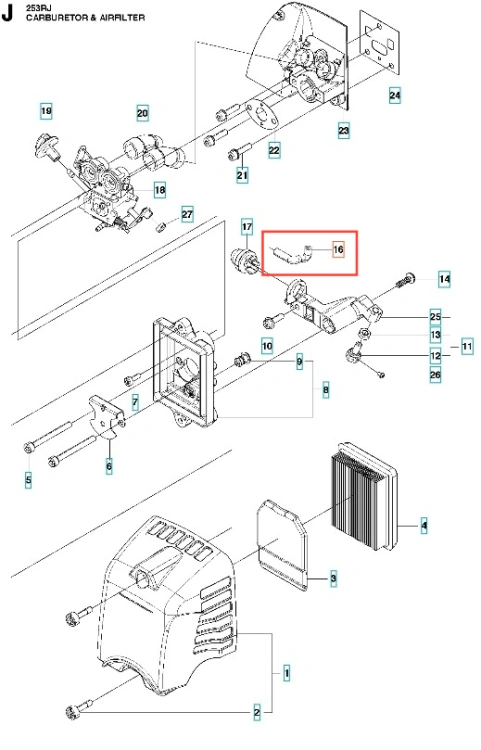 Rura wykaszarki 253RJ Husqvarna w kolorze srebrnym, o prostokątnym kształcie, pokazana w zbliżeniu na detale mocowania. Ujęcie techniczne, z wyraźnie widocznymi oznaczeniami na schemacie. Brak tła, co pozwala skupić się na elemencie produktu.