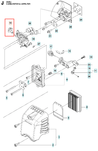 Pokrętło wykaszarki 253RJ Husqvarna w kolorze szarym, z plastikowym wykończeniem, o okrągłym kształcie. Produkt widoczny jest z boku, w zbliżeniu, na jasnym tle. Ujmuje elementy mocowania do wykaszarki oraz czytelne oznaczenia modelu.