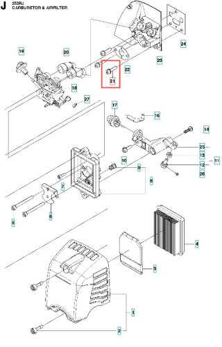 Śruba wykaszarki 253RJ Husqvarna, metalowa, o cylindrycznym kształcie, z gwintem. Widoczna z boku, na białym tle. Element montażowy, idealny do zastosowań w sprzęcie ogrodniczym. Zbliżenie ukazuje detale gwintu i końcówki.