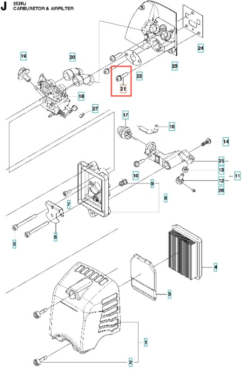 Śruba wykaszarki 253RJ Husqvarna, metalowa, o cylindrycznym kształcie, z gwintem. Widoczna z boku, na białym tle. Element montażowy, idealny do zastosowań w sprzęcie ogrodniczym. Zbliżenie ukazuje detale gwintu i końcówki.