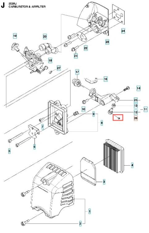 Śruba wykaszarki 253RJ Husqvarna, metalowa, o cylindrycznym kształcie, z gwintem na całej długości. Ujęcie w zbliżeniu, ukazujące szczegóły gwintowania. Produkt leży na prostym tle. Widoczna końcówka śruby z wyraźnymi detalami mocującymi.