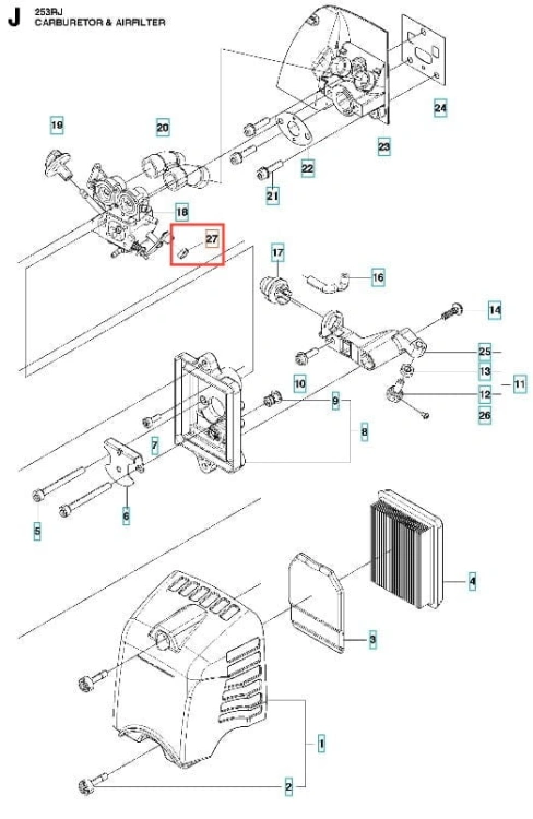 Pokrywa piasty wykaszarki 253RJ Husqvarna w kolorze czarnym z wyraźnymi żebrami wentylacyjnymi. Przedmiot pokazany z boku, umieszczony na jednolitym tle. Detal wizualny: napięcie elementów montażowych oraz wyraźne logo producenta.
