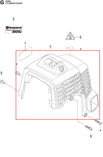 Pokrywa cylindra wykaszarki 253RJ Husqvarna w kolorze czarnym, z wyraźnym logo producenta. Pokrywa widoczna z boku, leżąca płasko, z wentylacyjnymi szczelinami. Zawiera otwory montażowe. Tło jednolite, ułatwiające identyfikację detali.