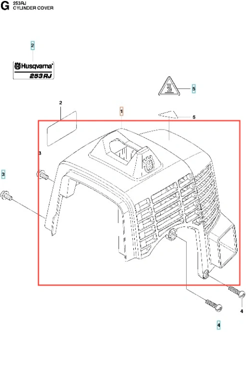 Pokrywa cylindra wykaszarki 253RJ Husqvarna w kolorze czarnym, z wyraźnym logo producenta. Pokrywa widoczna z boku, leżąca płasko, z wentylacyjnymi szczelinami. Zawiera otwory montażowe. Tło jednolite, ułatwiające identyfikację detali.