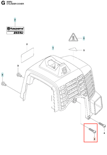 Śruba do wykaszarki Husqvarna 253RJ, metalowa, o gwincie, w kolorze srebrnym, widoczna na rysunku technicznym. Ujęcie frontalne, pokazujące szczegóły gwintu. Produkt stanowi element mocujący pokrywę cylindra.