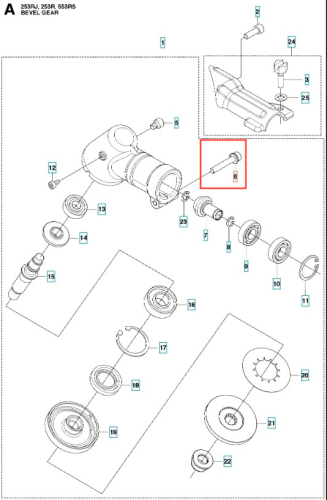 Śruba wykaszarki Husqvarna 253RJ, metaliczna, cylindryczna, montowana w przekładni. Widok boczny z schematem montażu, pokazujący długość, mocowanie i dopasowanie do innych elementów zestawu.