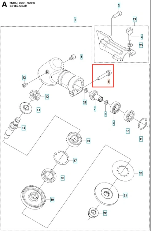 Śruba wykaszarki Husqvarna 253RJ, metaliczna, cylindryczna, montowana w przekładni. Widok boczny z schematem montażu, pokazujący długość, mocowanie i dopasowanie do innych elementów zestawu.