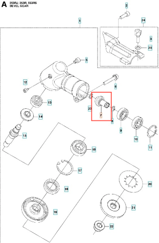 Zębnik wykaszarki Husqvarna 253RJ, metalowy cylindryczny element z rowkami i otworem, widok z przodu na jasnym tle schematu z innymi częściami.