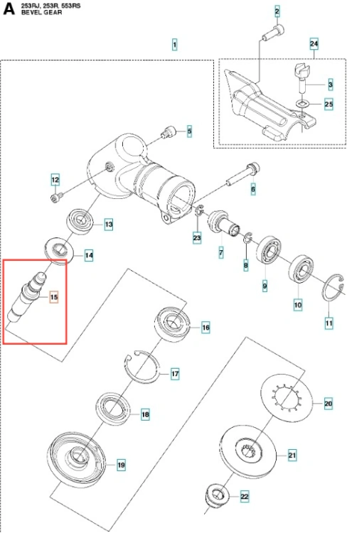 Wał przekładni wykaszarki Husqvarna 253RJ, metalowy, cylindryczny z rowkami i detalami złączy na końcach. Produkt na białym tle, idealny do montażu w urządzeniach ogrodniczych.