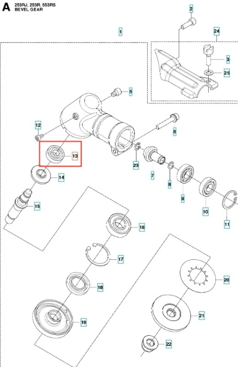 Łożysko wykaszarki Husqvarna 253RJ, okrągłe z metalowym pierścieniem i kulkami wewnątrz. Widoczne precyzyjne mocowanie i numer części. Produkt na jednolitym tle, leżący płasko.